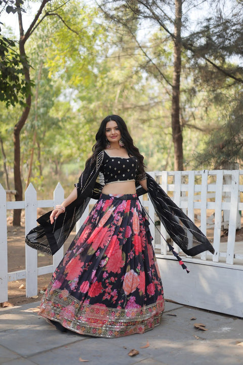 Black Introducing our Exquisite Collection of Digital Printed Georgette Lehenga For Women