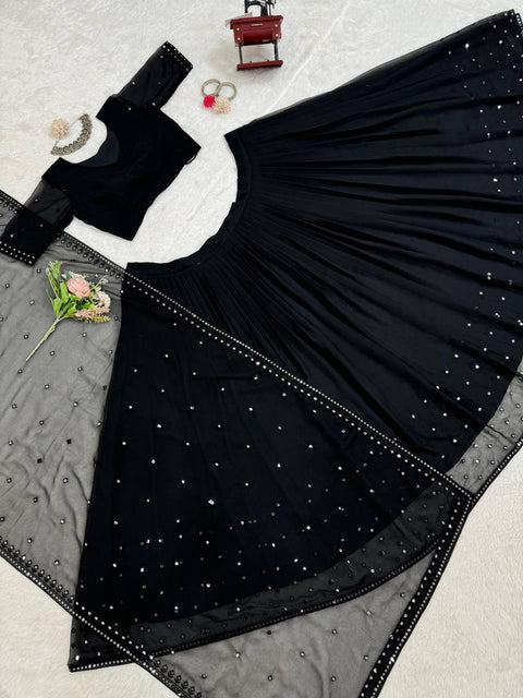 Black Foux Gorgette Seuqnce lehenga choli for women in USA