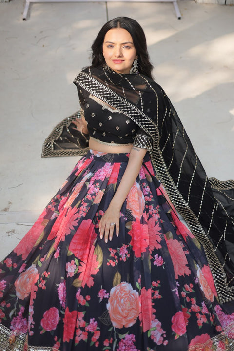 Black Introducing our Exquisite Collection of Digital Printed Georgette Lehenga For Women