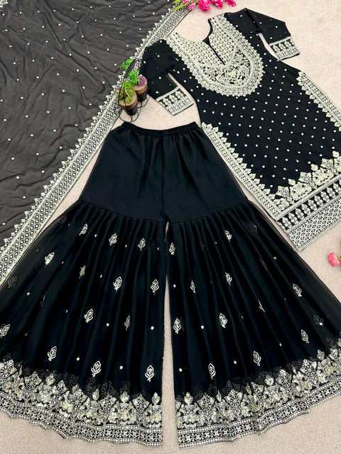 Black Heavy Embroidery Sequence Work Top-Gharara And Dupatta Set Fully Stitched For Women