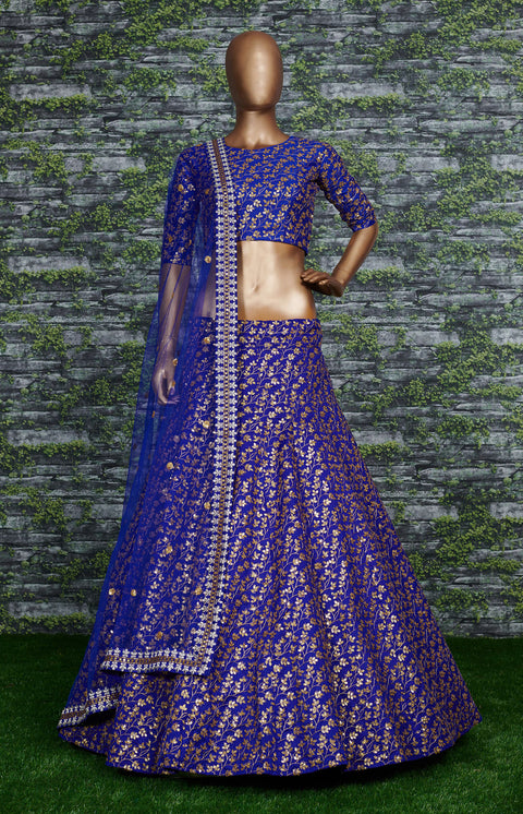 blue Raw silk lehenga with golden zari embroidered in vine pattern accentuated with golden sequins all over lehenga choli for women