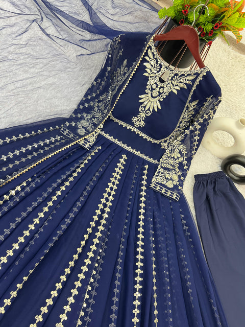 Blue Party Wear Look Full Heavy Embroidery Sequence Work Gown With Fully Stiched and Dupatta For Woman