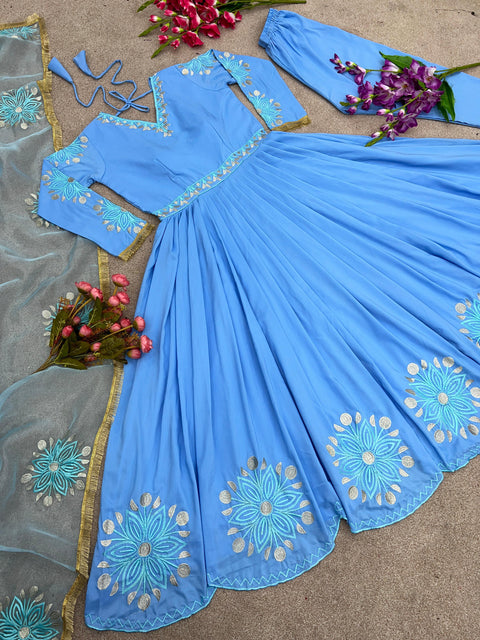 Blue Party Wear Look Full Heavy Embroidery Work Gown With Fully Stiched Bottom and Dupatta