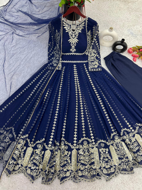 Blue Party Wear Look Full Heavy Embroidery Sequence Work Gown With Fully Stiched and Dupatta For Woman