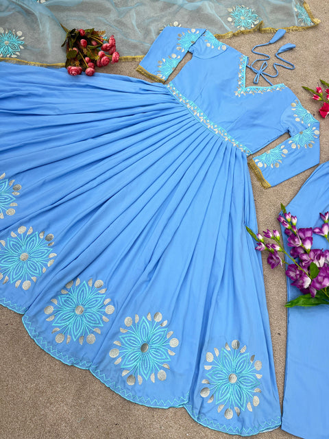 Blue Party Wear Look Full Heavy Embroidery Work Gown With Fully Stiched Bottom and Dupatta