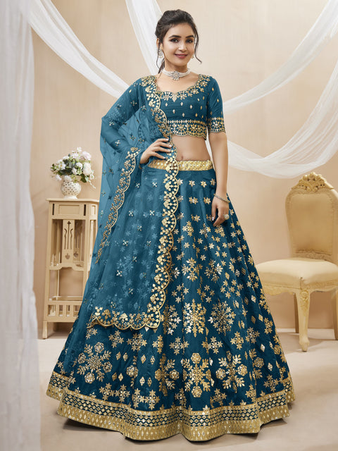 Teal Blue Wedding wear Heavy Lehenga Choli for Women with Dupatta Sequence Lehenga Choli In USA