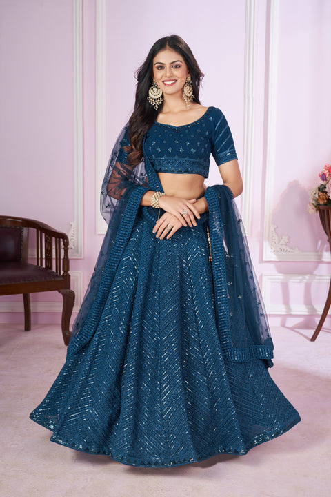 Teal Blue Mesmerizing Party wear Heavy Lehenga Choli for Women with Dupatta Sequence Lehenga Choli In USA