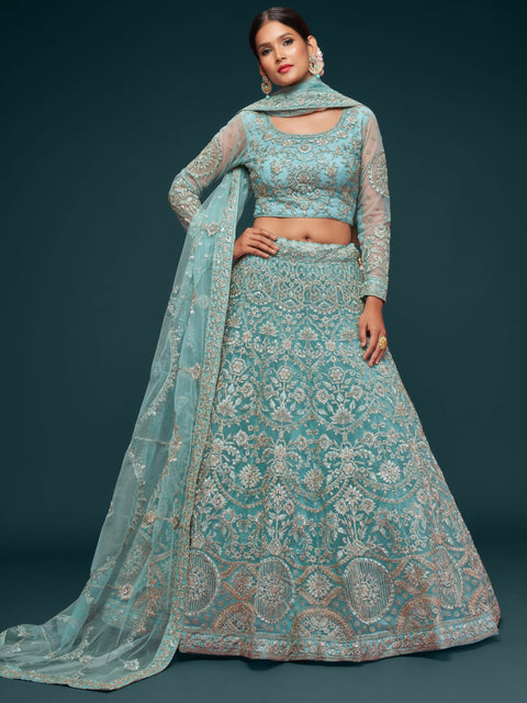 Ocean Aqua Elegant Wedding wear Heavy Lehenga Choli for Women with Dupatta in USA Sequence Lehenga Choli