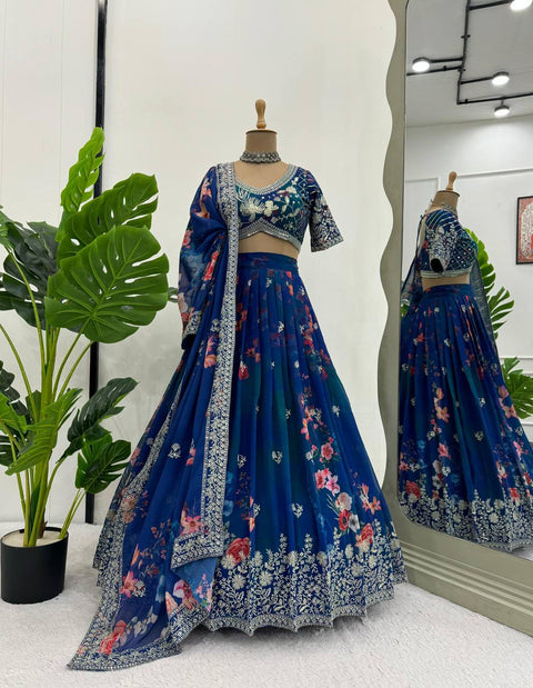 Blue color Foux Gorgette Digital print lehenga choli for women in USA