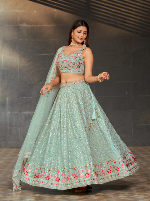 Stylish Sky Blue Wedding wear Heavy Lehenga Choli for Women with Dupatta Sequence Lehenga Choli In USA