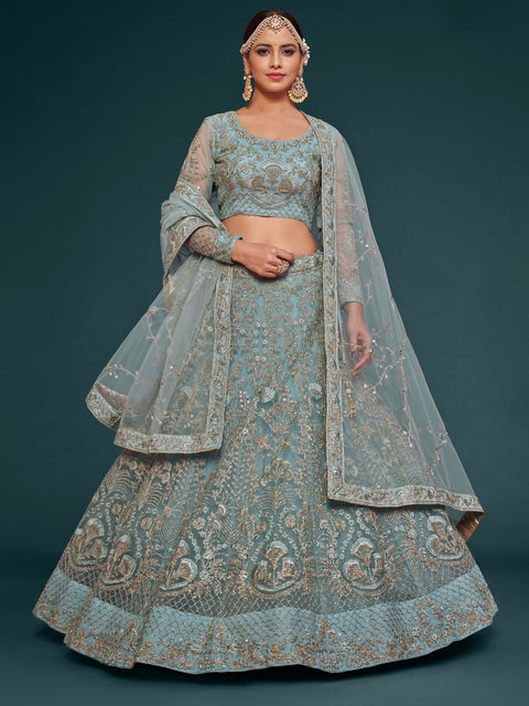 Ocean Aqua Graceful Wedding wear Heavy Lehenga Choli for Women with Dupatta in USA Sequence Lehenga Choli