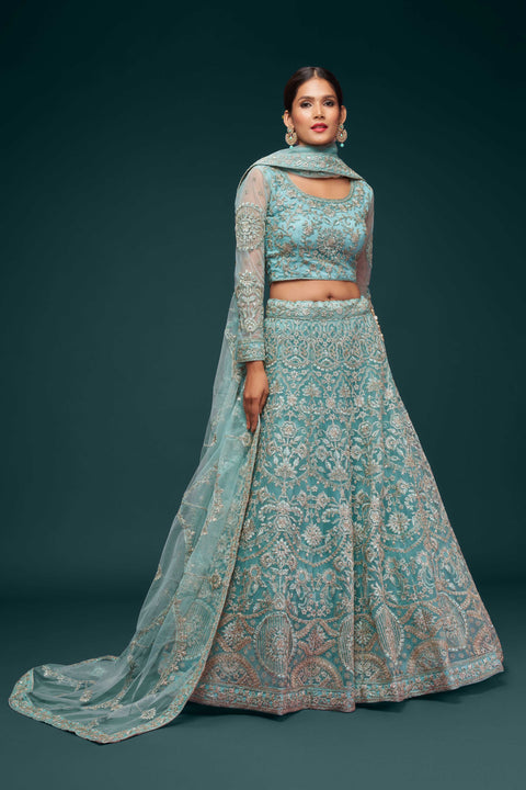 Ocean Aqua Elegant Wedding wear Heavy Lehenga Choli for Women with Dupatta in USA Sequence Lehenga Choli