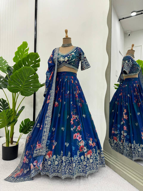 Blue color Foux Gorgette Digital print lehenga choli for women in USA