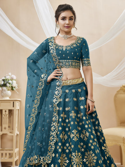 Teal Blue Wedding wear Heavy Lehenga Choli for Women with Dupatta Sequence Lehenga Choli In USA