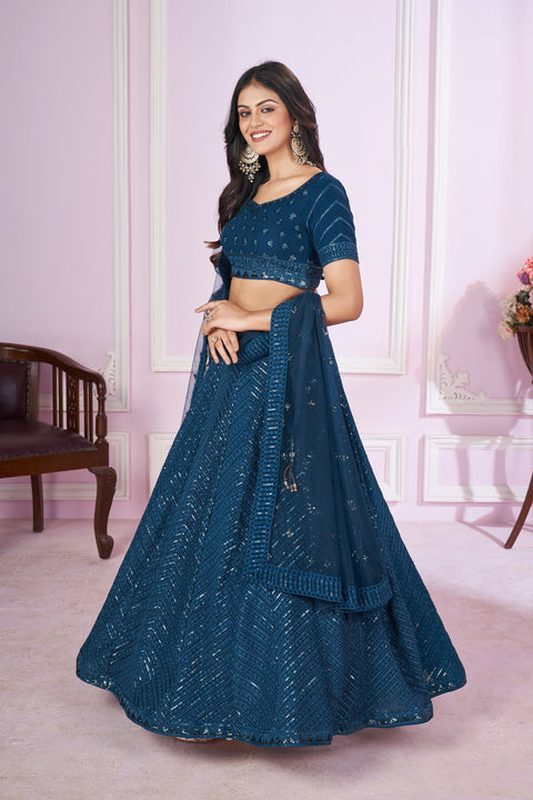 Teal Blue Mesmerizing Party wear Heavy Lehenga Choli for Women with Dupatta Sequence Lehenga Choli In USA