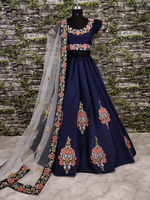 The Navy Blue Lehenga set is Adorned with Colourful Resham Embroidery on the Blouse and Lehenga for women