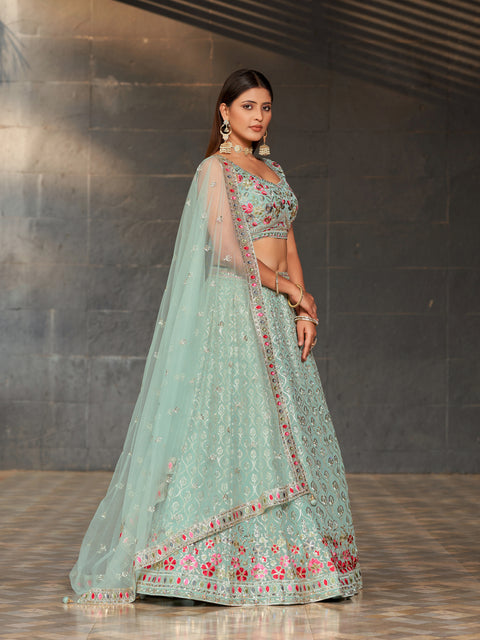 Stylish Sky Blue Wedding wear Heavy Lehenga Choli for Women with Dupatta Sequence Lehenga Choli In USA