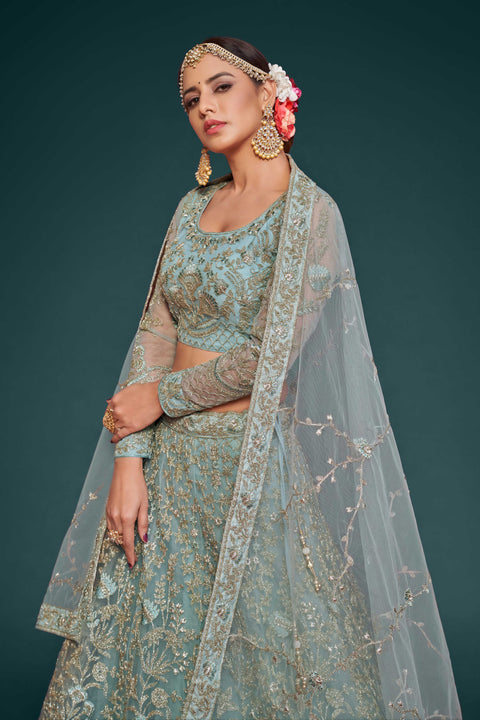 Ocean Aqua Graceful Wedding wear Heavy Lehenga Choli for Women with Dupatta in USA Sequence Lehenga Choli