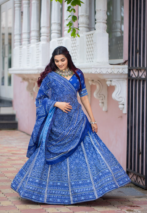 Blue Amazing Bandhani Print Lehngha. Women Can Wear This Lehngha In Wedding Function And Special Functions