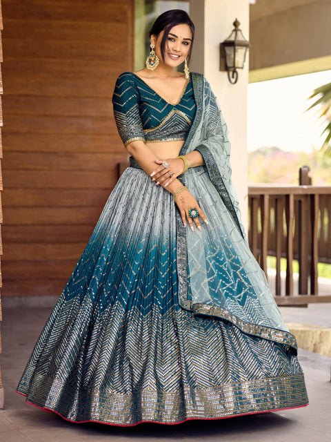 Radiant Blue Party wear Heavy Lehenga Choli for Women with Dupatta Sequence Lehenga Choli In USA