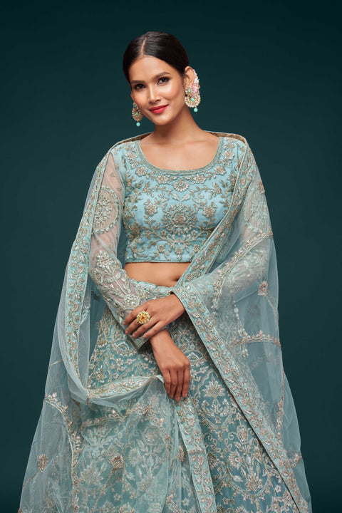 Ocean Aqua Elegant Wedding wear Heavy Lehenga Choli for Women with Dupatta in USA Sequence Lehenga Choli