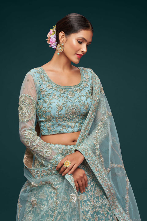 Ocean Aqua Elegant Wedding wear Heavy Lehenga Choli for Women with Dupatta in USA Sequence Lehenga Choli