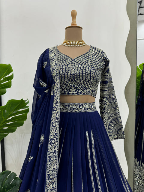 Blue Foux Gorgette Seuqnce lehenga choli for women in USA