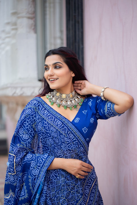 Blue Amazing Bandhani Print Lehngha. Women Can Wear This Lehngha In Wedding Function And Special Functions