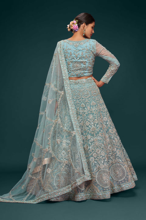 Ocean Aqua Elegant Wedding wear Heavy Lehenga Choli for Women with Dupatta in USA Sequence Lehenga Choli