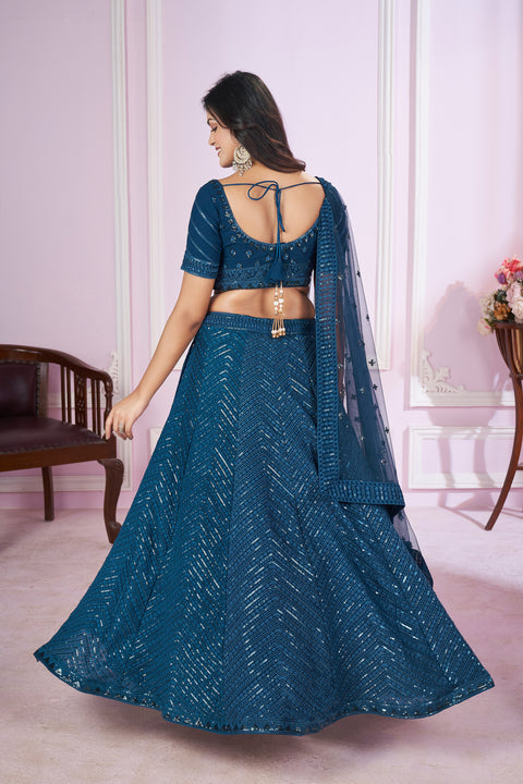 Teal Blue Mesmerizing Party wear Heavy Lehenga Choli for Women with Dupatta Sequence Lehenga Choli In USA