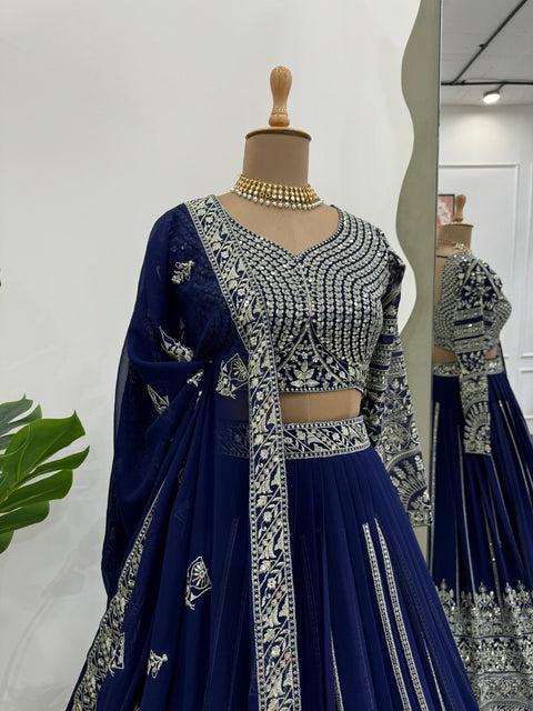 Blue Foux Gorgette Seuqnce lehenga choli for women in USA