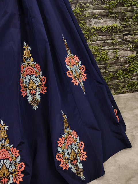 The Navy Blue Lehenga set is Adorned with Colourful Resham Embroidery on the Blouse and Lehenga for women