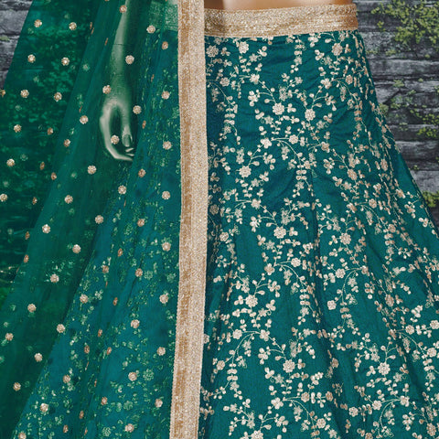 Teal Blue Elegant Comes along with unstitched embroidered art silk blouse piece and soft netted embroidered dupatta For Women