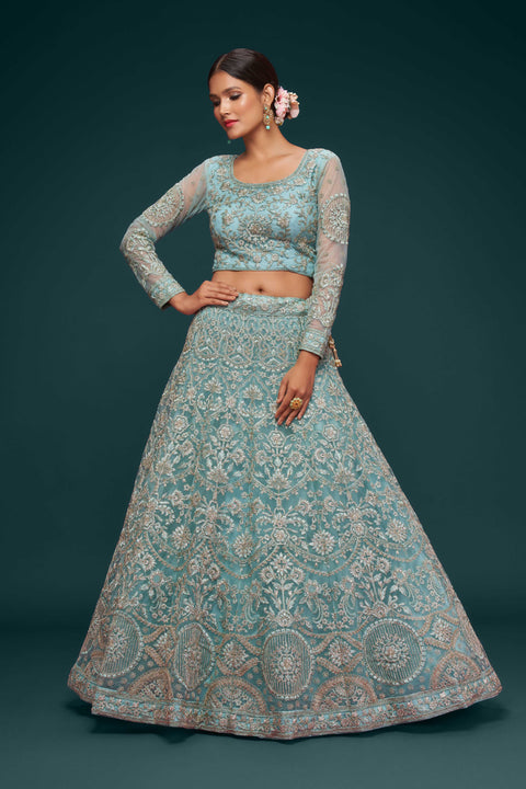 Ocean Aqua Elegant Wedding wear Heavy Lehenga Choli for Women with Dupatta in USA Sequence Lehenga Choli