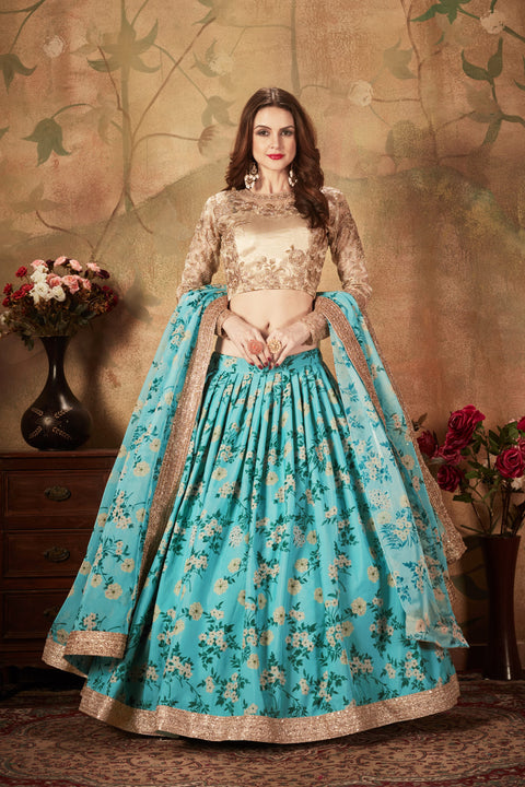 Sky Blue and Beige Fancy Vibrant Lehenga Choli For Women In Wedding Occasion with Dupatta in USA