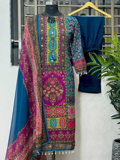 Teal Blue Heavy Georgette With Digital Print and Real Mirror Handwork and Diamond Handwork Top-Bottom And Dupatta Set