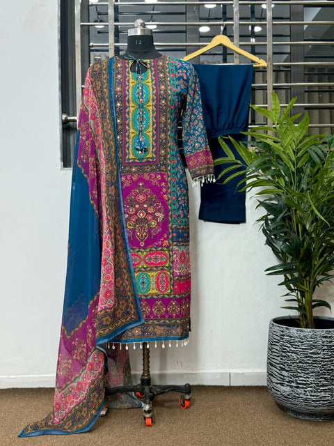 Teal Blue Heavy Georgette With Digital Print and Real Mirror Handwork and Diamond Handwork Top-Bottom And Dupatta Set