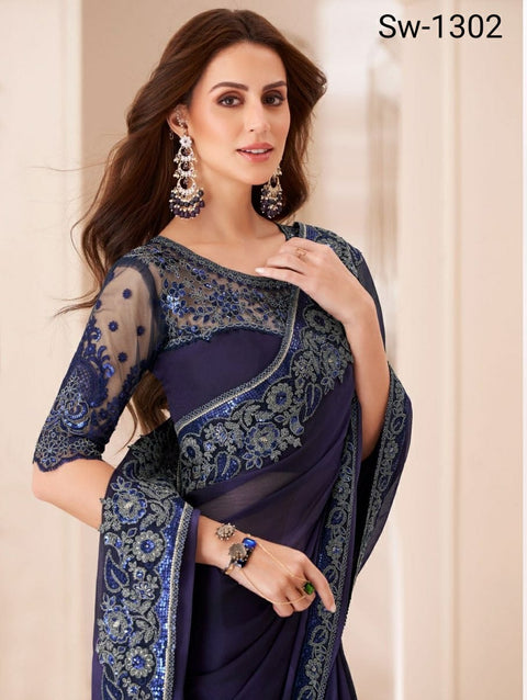 Blue Indian Wedding Wear saree with blouse in USA, Perfect for Indian Party Wear sequins saree For Woman