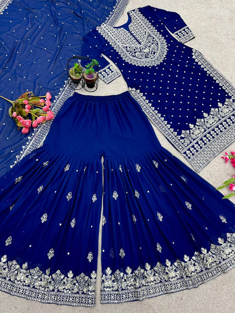 Blue Heavy Embroidery Sequence Work Top-Gharara And Dupatta Set Fully Stitched For Women