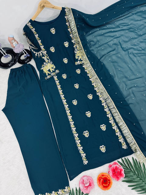 Teal Blue Wedding Wear Heavy Embroidered Sequins Work 3 Pis Suit Set For Women