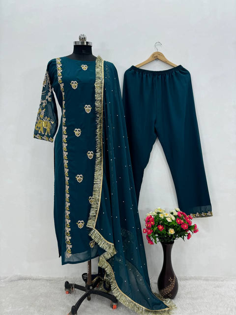 Teal Blue Wedding Wear Heavy Embroidered Sequins Work 3 Pis Suit Set For Women