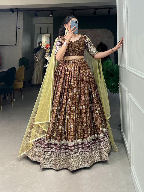 Pretty brown floral printed embroidered wedding guest lehenga choli with dupatta