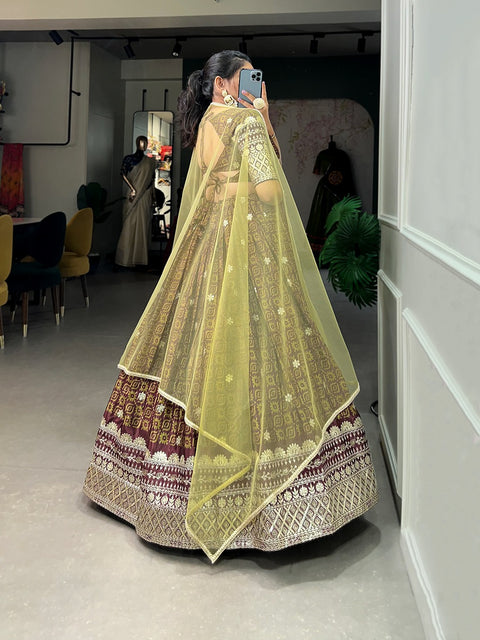 Pretty brown floral printed embroidered wedding guest lehenga choli with dupatta