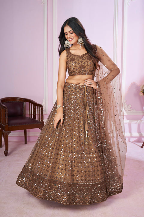 Brown Party wear Heavy Lehenga Choli for Women with Dupatta Sequence Lehenga Choli In USA