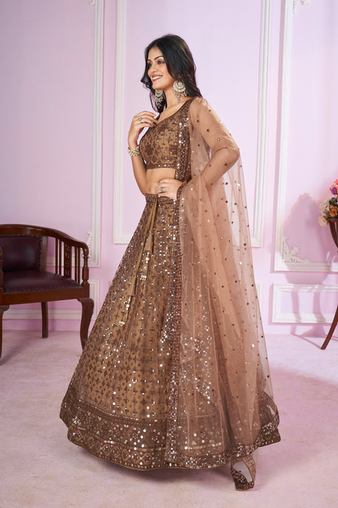 Brown Party wear Heavy Lehenga Choli for Women with Dupatta Sequence Lehenga Choli In USA