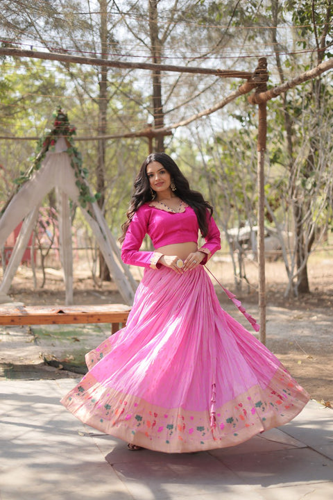 Pink Experience the epitome of elegance with our Dayble Viscose Kalamkari Jari Weaving gown adorned with a graceful Designer Blouse