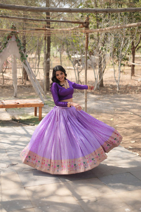 Purple Experience the epitome of elegance with our Dayble Viscose Kalamkari Jari Weaving gown adorned with a graceful Designer Blouse