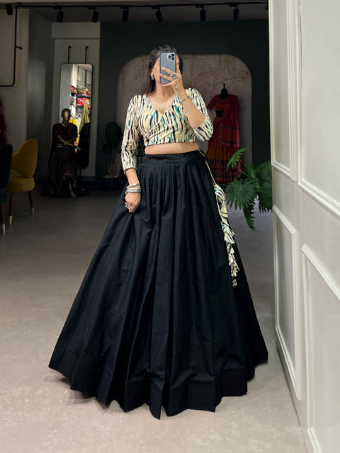 Black Gorgeous Cotton Plain Lehenga Paired with Printed Blouse – Your Go-To Festive Co-Ord Set For Woman