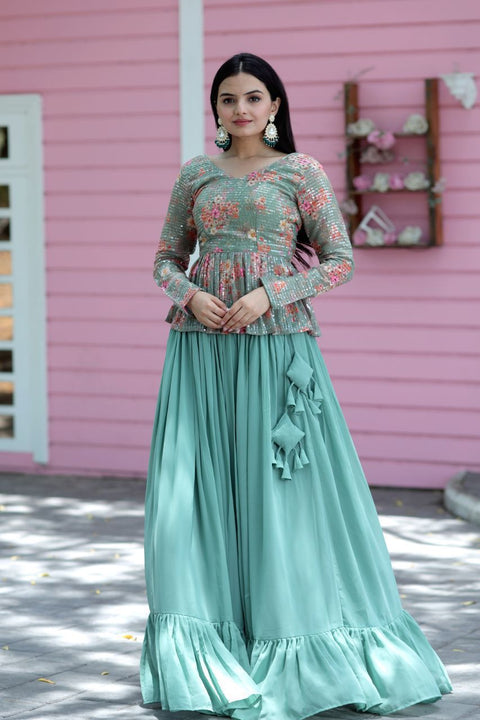 Sky Blue Flower Digital Print & Rich Sequins Embroidered work Blouse With Plain Lehenga For Woman