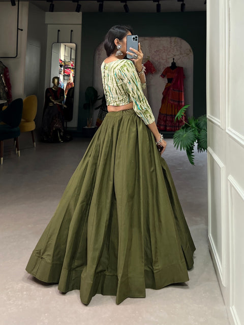 Green Gorgeous Cotton Plain Lehenga Paired with Printed Blouse – Your Go-To Festive Co-Ord Set For Woman